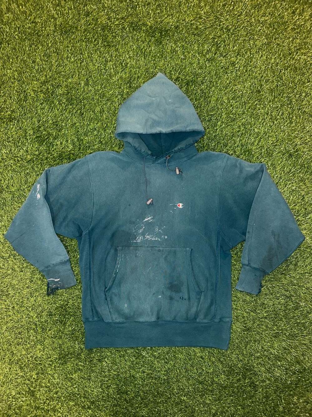 Champion Reverse Weave Hoodie Size Large Teal Distressed Thrashed Paint Splatter